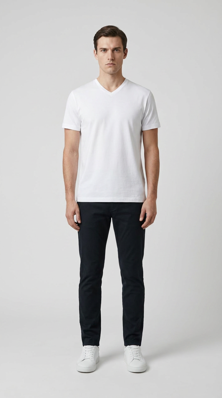 Mand i hvid v-hals t-shirt, mørke bukser og hvide sneakers mod en lys grå baggrund.