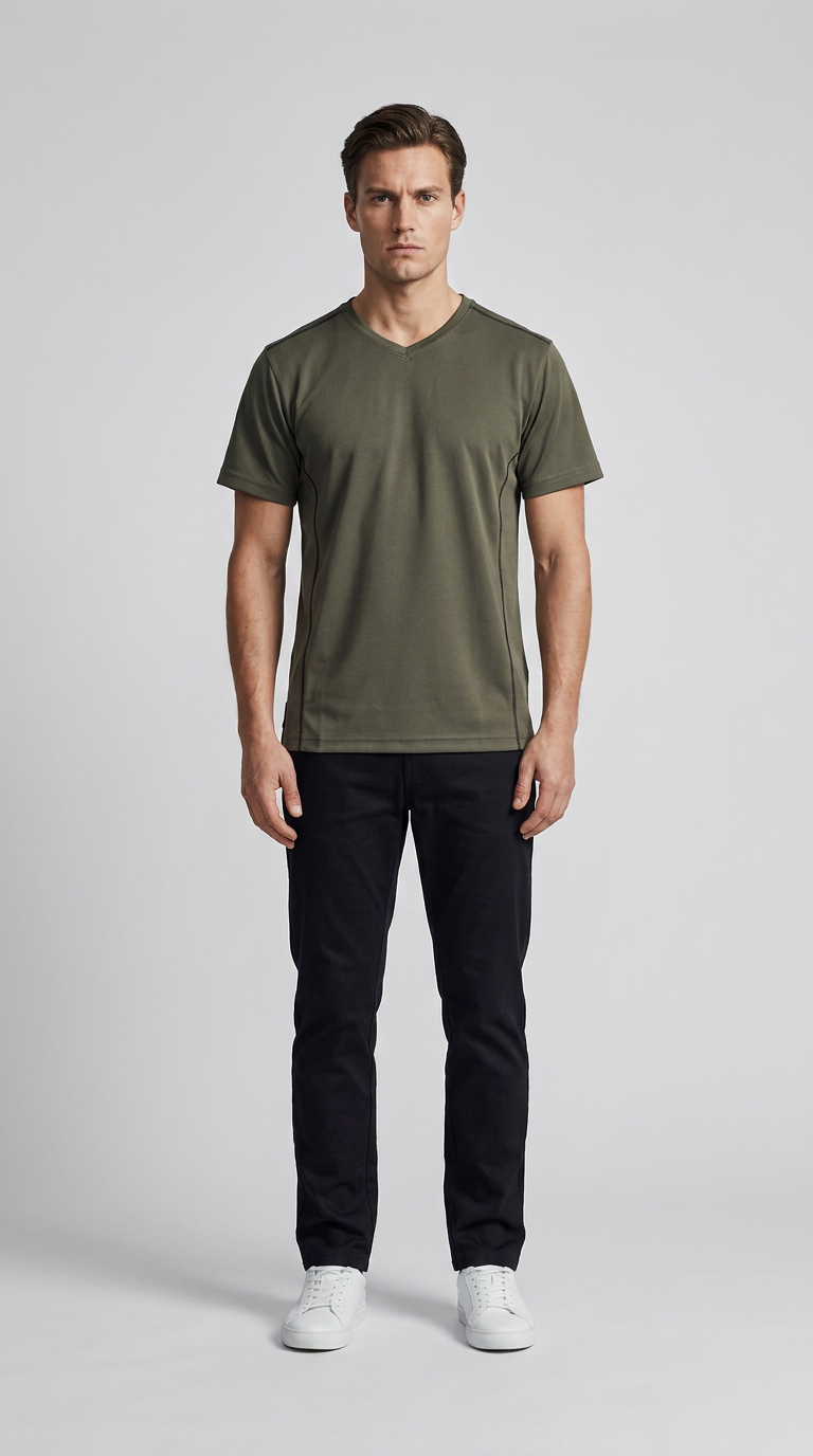 Mand i olivengrøn v-hals t-shirt, sorte bukser og hvide sneakers mod en lys grå baggrund.