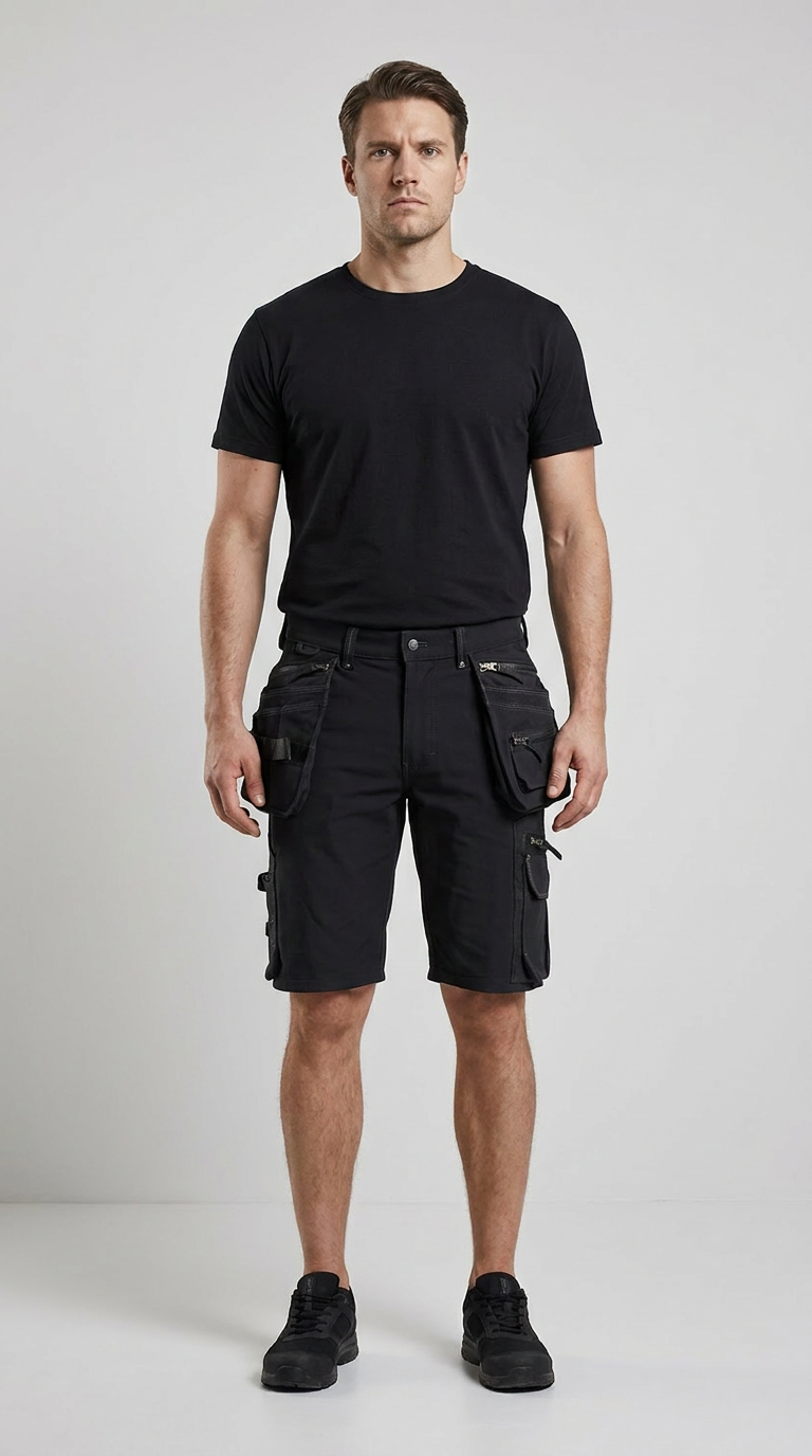 Mand i sort t-shirt og sorte arbejdsshorts med værktøjslommer mod en lys grå baggrund.