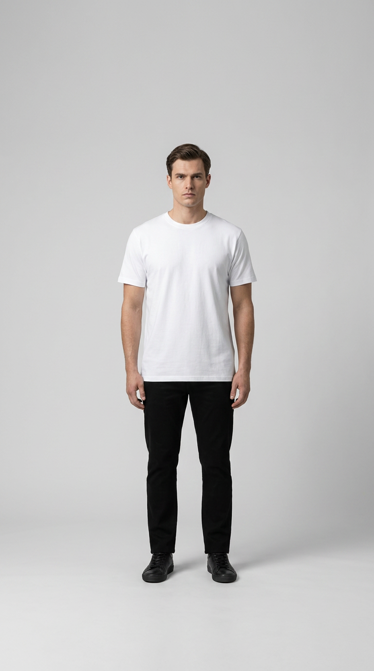Mand i hvid t-shirt og sorte bukser stående mod en grå baggrund.