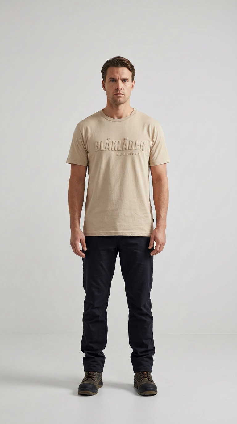 Mand i beige Blåkläder t-shirt, mørke bukser og arbejdsstøvler mod en lys baggrund.