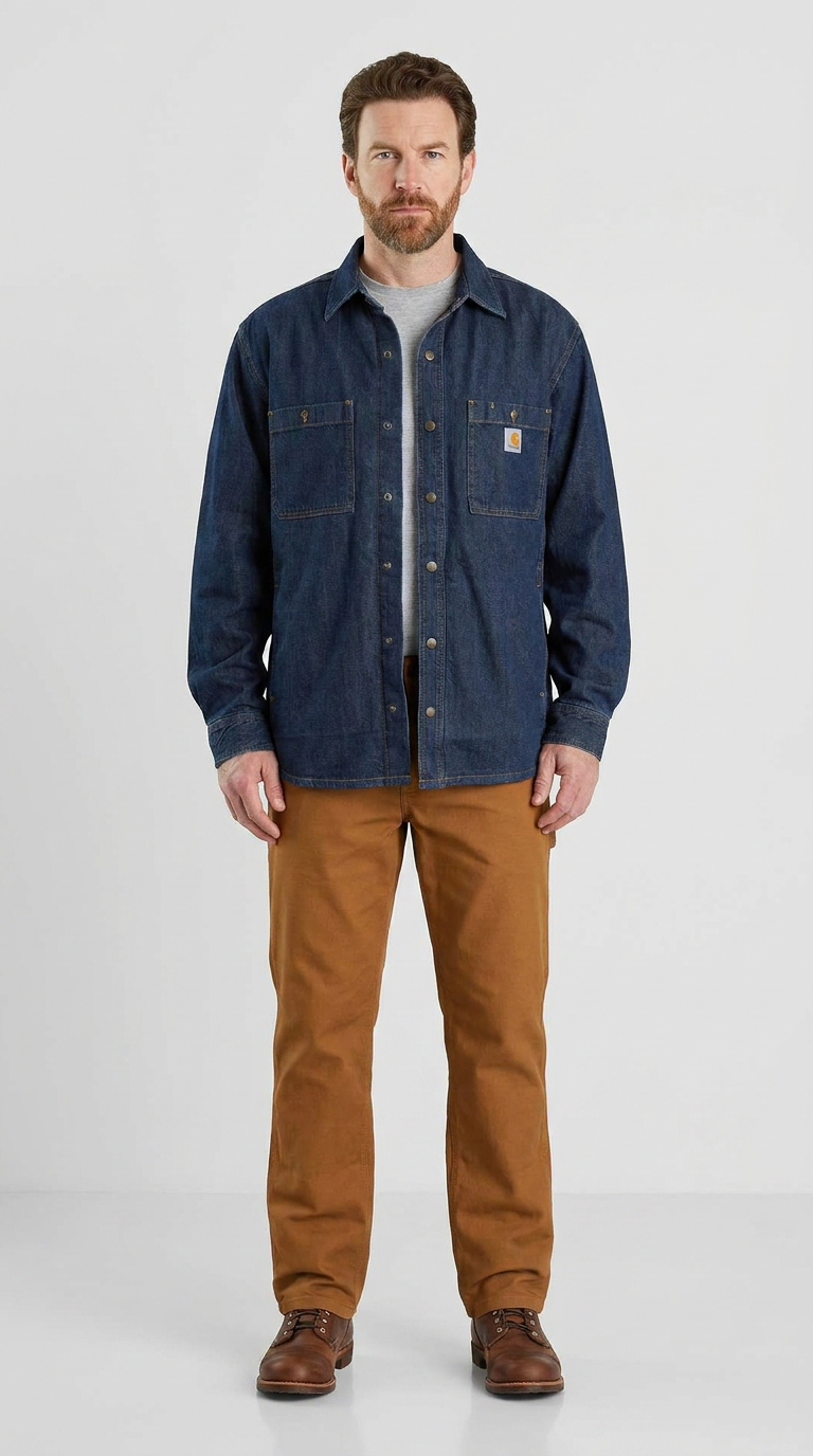 Mand iført mørkeblå denimskjorte, brune lærredsbukser og læderstøvler mod en hvid baggrund.